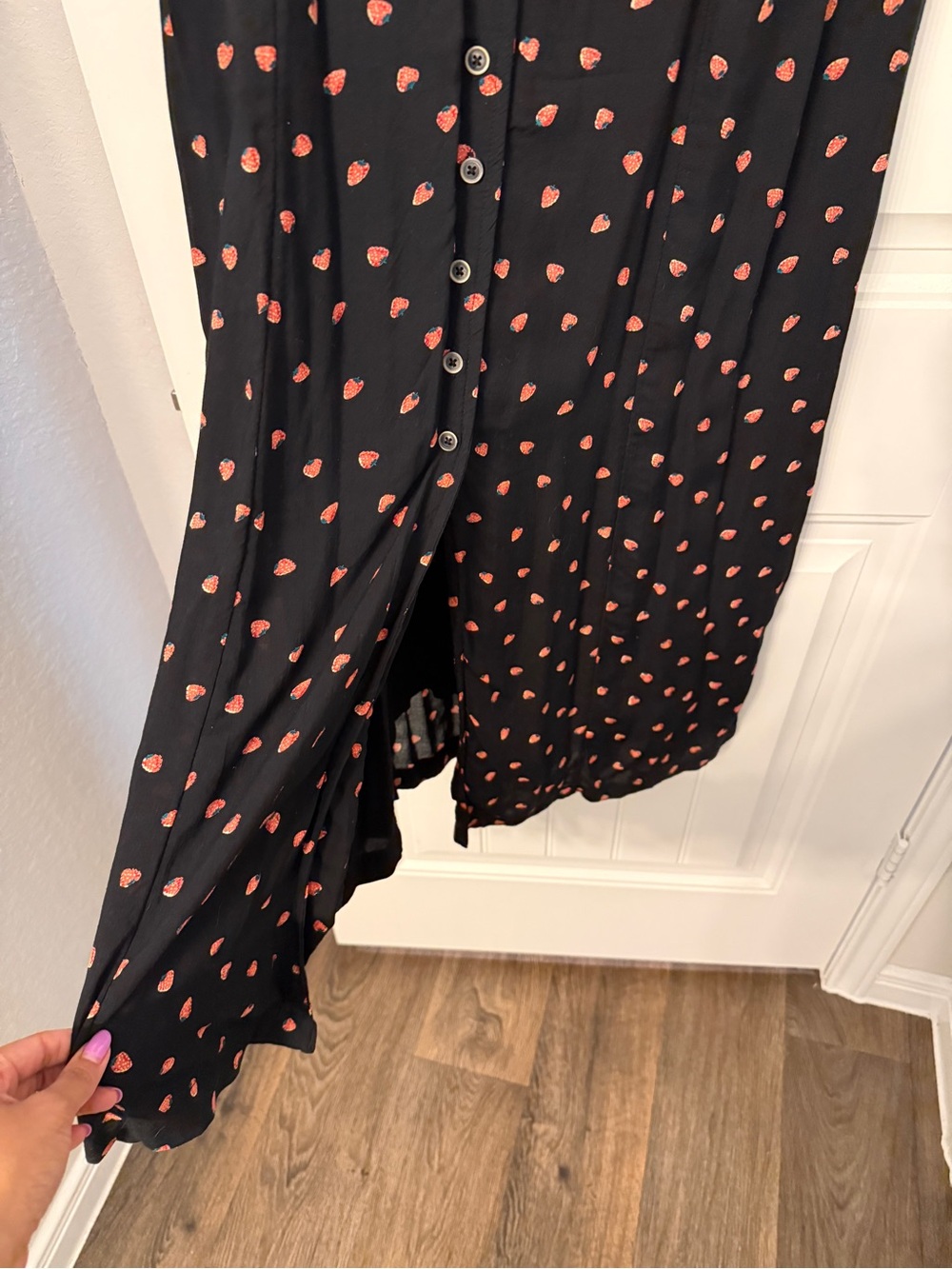 FREE PEOPLE ,Med, Black Dress with strawberries Women's Button-Front Maxi Dress - Picture 4 of 4